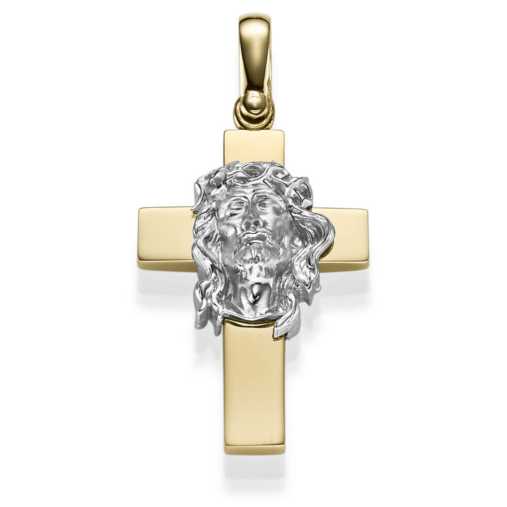 Jesus Kopf Kreuz Anhänger XXL Gold 585 bicolor Gelbgold Weißgold Herren