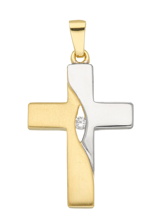 Bicolor Gold Kreuz Anhänger 333 Weißgold Gelbgold mit Zirkonia - Glaubensschmuck für Damen und Kinder