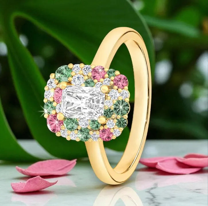 Detailaufnahme Damenring mit grünen pinken weißen Diamanten Gold 585